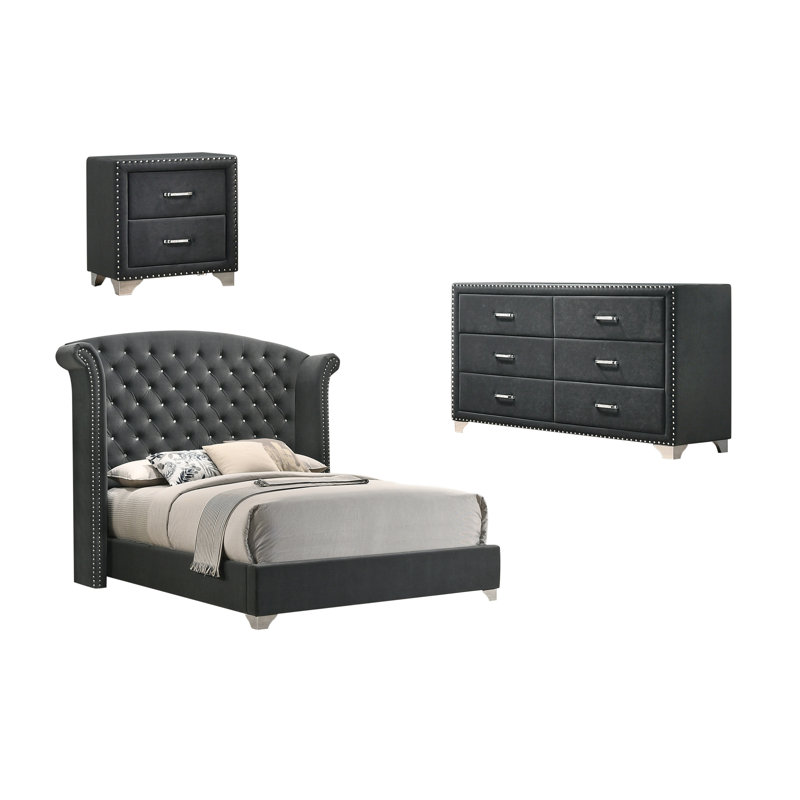 House of Hampton® Myo Grey 3-Piece Upholstered Queen Bedroom Set with ...